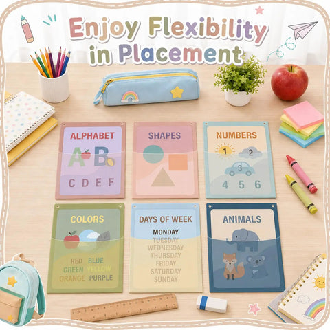12Pcs Plastic Oversized Wall Pockets 12.6 x 9.4 Inches Hanging Wall File Organizer Morandi Color with educational cards.