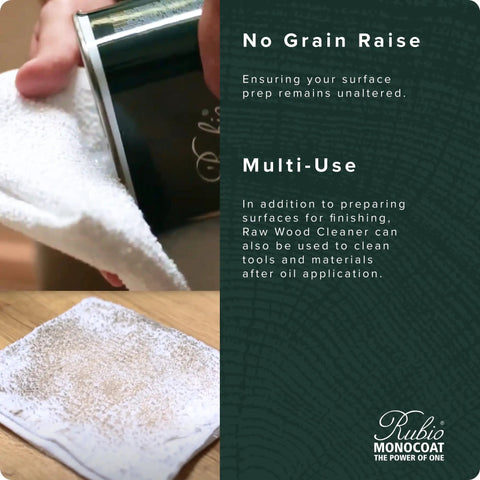 Person using Raw Wood Cleaner For Prep And Finish Electrostatic Dust Removal After Sanding And Vacuuming with cloth.