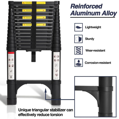 14.5 Ft Aluminum Telescoping Ladder With Dual Triangular Stabilizers For Less Wobble Heavy Duty 330 Lb Capacity Lightweight Collapsible Extension For Home Rv And Outdoor Projects Black, folded