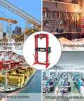Heavy Duty 30 Ton H Frame Hydraulic Shop Press With Adjustable Base And Steel Plates For Bearing Removal Metal Bending Nitty Gritty Garage in workshop.