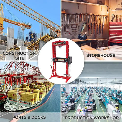 Heavy Duty 30 Ton H Frame Hydraulic Shop Press With Adjustable Base And Steel Plates For Bearing Removal Metal Bending Nitty Gritty Garage in workshop.