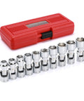 Three Eighths Inch Drive Universal Joint Socket Set, 6 Point Metric Flex Sockets, Chrome Vanadium Steel, red case, 10-piece set