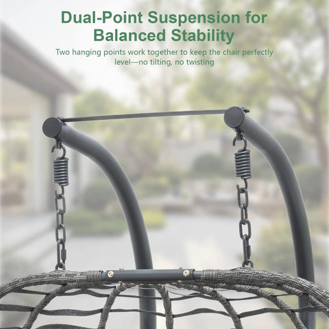 Double Egg Swing Chair With Stand For Outdoor Patio Hand Made Rattan Wicker Two Hanging Egg Chairs Hammock Chair With UV Resistant Cushions And Solid Metal Frame, Porch Loveseat For Backyard Chill showing dual-point suspension feature.