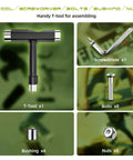 Skateboard Trucks And Wheels Starter Kit For 7.75 To 8 Inch Decks With T-tool, screwdriver, bolts, bushings, and nuts in black.