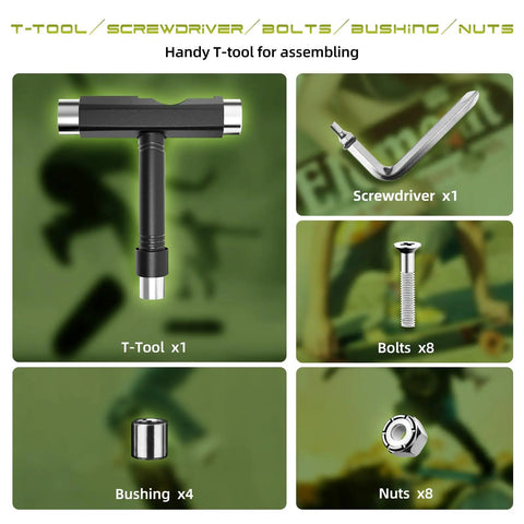 Skateboard Trucks And Wheels Starter Kit For 7.75 To 8 Inch Decks With T-tool, screwdriver, bolts, bushings, and nuts in black.
