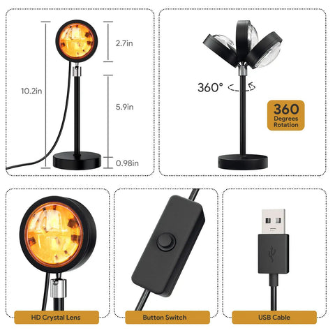 Sunset Lamp With Remote And 360 Degree Rotation, RGB Multicolor Projection Night Light, HD crystal lens, USB cable, button switch.