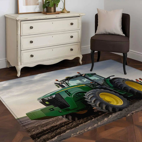 3x5 Machine Washable Farmhouse Rug with Green Tractor in living room, rustic style indoor outdoor area rug for cozy vibe