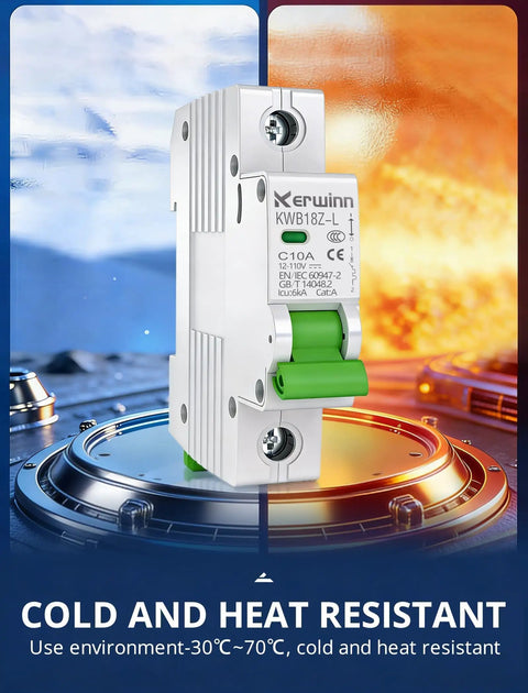 DC Miniature Circuit Breaker 12-110V DC 1 Pole 6A DIN Rail Mount for Battery Power Solar PV and RV Systems with Non Polar Arc Extinguishing Safety Feature LKB18Z-L-1P shown in cold and heat resistant setting