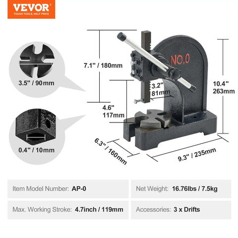 Side view of Beefy 0.5 Ton Manual Arbor Press for desktop stamping, bending, forming, cast iron construction with 4.7 inch stroke.