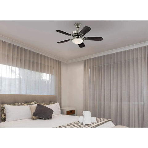 36 Inch Brushed Nickel Ceiling Fan With Dimmable LED Light And Opal Frosted Glass, Reversible Wengue And Silver Blades in bedroom