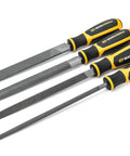 Four-piece Eight Inch Bastard File Set for metalworking on white background, includes flat, round, half-round, and triangle files.