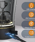 24 Ounce USB Rechargeable Protein Shaker Bottle with BPA Free Tritan Cup, detail of charging port and waterproof features.