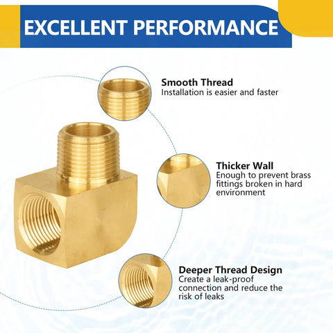 Close-up of 10 Pack Brass Pipe Fittings 90 Degree Street Elbow 3/4 Inch Female NPT To 3/4 Inch Male NPT with smooth thread.