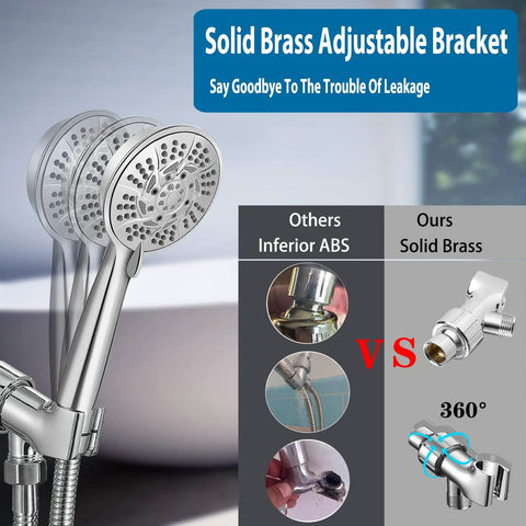 High Pressure Handheld Shower Head With 10 Spray Settings And Detachable Hose Chrome Finish featuring solid brass bracket