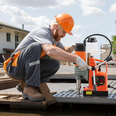 Worker using Velvet Soft Vevor 1400 Watt Portable Magnetic Drill Press for industrial metal coring.