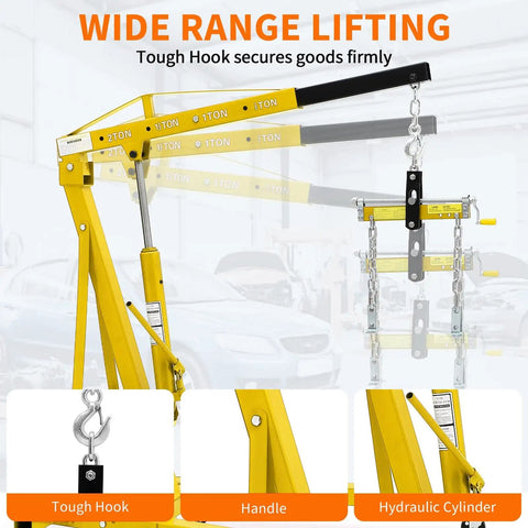 Heavy Duty Hydraulic Engine Hoist Cherry Picker Crane Packs A Bad Ass 4400 Lb Capacity, featuring tough hook and hydraulic cylinder for garage use.