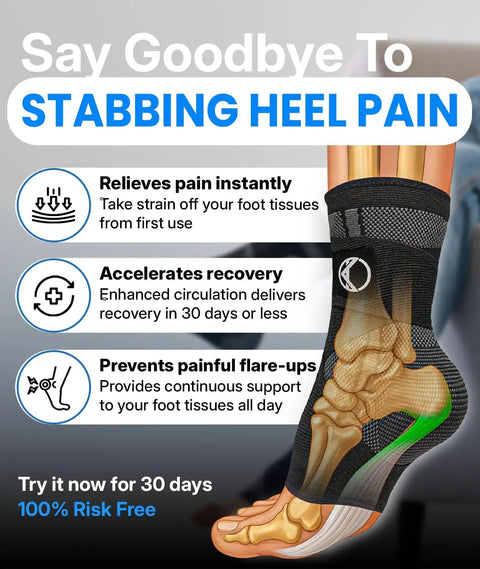 Plantar Fasciitis Relief Ankle Compression Sleeve for Women and Men All Day Comfy Pain Relief showing skeletal foot illustration