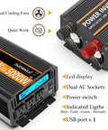 Heavy Duty Badass 2500 Watt Power Inverter Converts 12V Dc To 120V Ac For Trucks And Camper Trailers showing LCD display, dual AC sockets, and cooling fans.