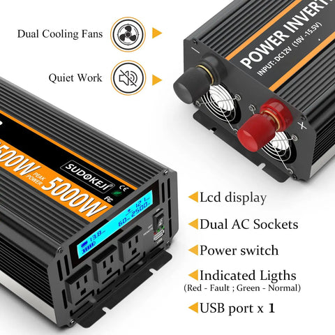 Heavy Duty Badass 2500 Watt Power Inverter Converts 12V Dc To 120V Ac For Trucks And Camper Trailers showing LCD display, dual AC sockets, and cooling fans.
