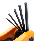 25 Piece SAE Metric Torx Folding Hex Key Set With 270 Degree Rotation, showing chamfered ends and dual material grip in orange.