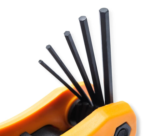 25 Piece SAE Metric Torx Folding Hex Key Set With 270 Degree Rotation, showing chamfered ends and dual material grip in orange.