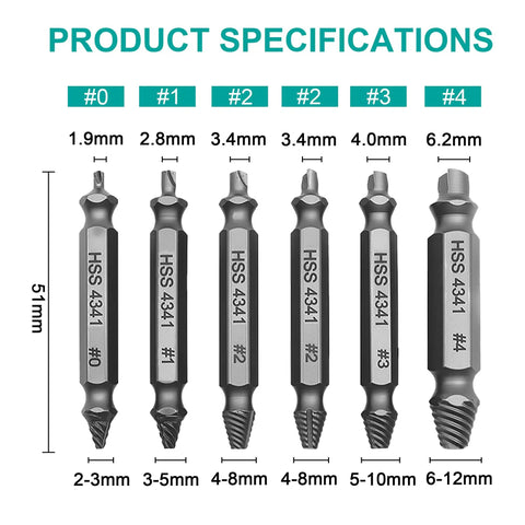 Damaged Screw Extractor Set 6 Pack For Stripped Screws And Rusty Bolts Easy Out Removal Tool with 4341 HSS bits shown