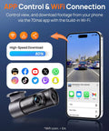 4K Dash Cam Front With Night Vision, 140 Degree Wide View, WiFi App Control shown with smartphone interface