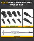 Blind Hole Bearing Puller Set for Bicycles and Motor Vehicles, 12-piece with slide hammer, 8 expandable collets, drive pins shown