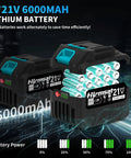 Close-up of two 21V dual 6.0Ah lithium batteries for Pro Grade Cordless 5 Inch Angle Grinder with 21V Brushless Motor.
