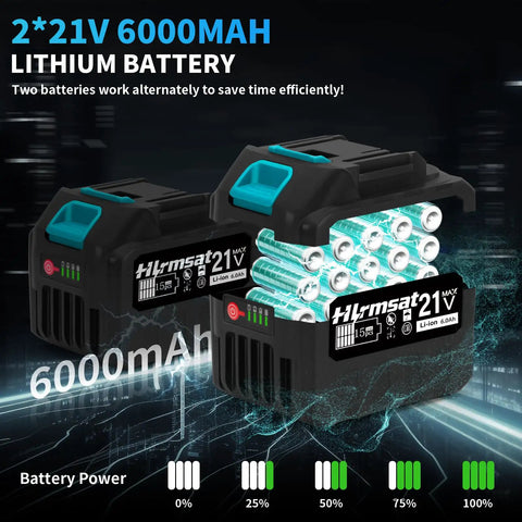 Close-up of two 21V dual 6.0Ah lithium batteries for Pro Grade Cordless 5 Inch Angle Grinder with 21V Brushless Motor.