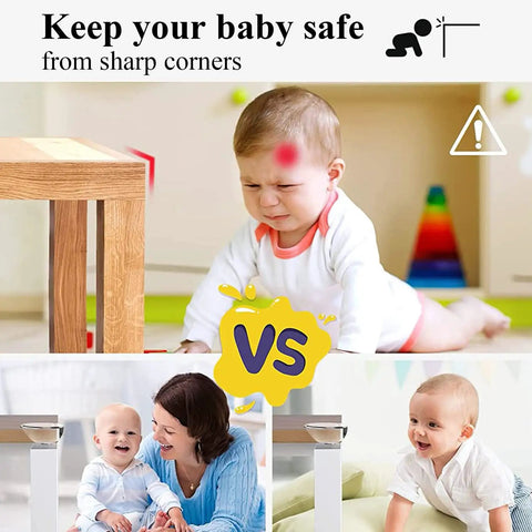 Baby Proofing Game Changer 16 Pack Clear Corner Protectors seen preventing baby injuries from sharp furniture edges.