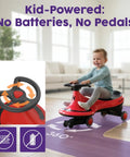 Child using Tot Approved Kid Wiggle Ride On Car Battery Free Twist And Go Steering Play Vehicle in vivid red on play mat.