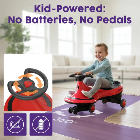 Child using Tot Approved Kid Wiggle Ride On Car Battery Free Twist And Go Steering Play Vehicle in vivid red on play mat.