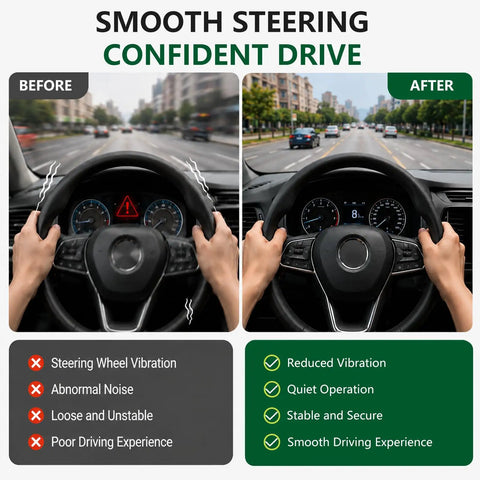 Comparison of steering wheel performance before and after using the Two Piece Electric Power Steering Shaft Coupler With Integrated Motor Damper Bushing Kit.