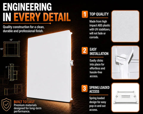 Built Tough Spring Access Panel 10x10 Inch For Ceiling And Drywall Snap Right In White Cover Plate showcases quality design and easy installation.