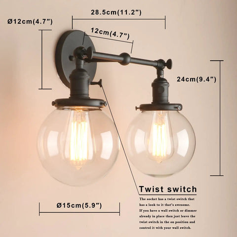 Two Light Vintage Wall Sconces With On Off Switch Globe Glass Vanity Bathroom Light Fixtures Industrial Style Wall Lighting For Living Room And Bedroom E26 Base 110 220V