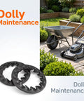 10 Pack Push-On Dolly Wheel Lock Washers for Five-Eighths Inch Dollies Axles, shown with wheelbarrow and mower