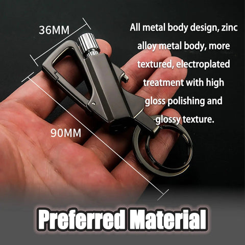 Infinity Lighter Keychain With Multi Tool Bottle Opener Windproof Waterproof Forever Match in hand showing size and metal design.
