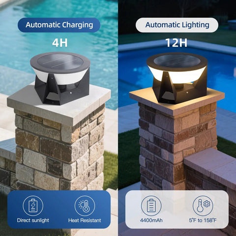 Solar Post Lights Outdoor 14.96 Inch IP54 Waterproof Pillar Lamps installed on stone pillar by pool, day and night display