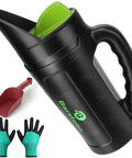 All Purpose Hand Spreader Shaker With Adjustable Opening Sizes And Flow Dial For Even Distribution Of Grass Seed Fertilizer Salt Ice Melt Up To 80 Oz Perfect For Lawn Care Gardening And Winter Driveway Maintenance showing black body, green top, red scoop, and green gloves