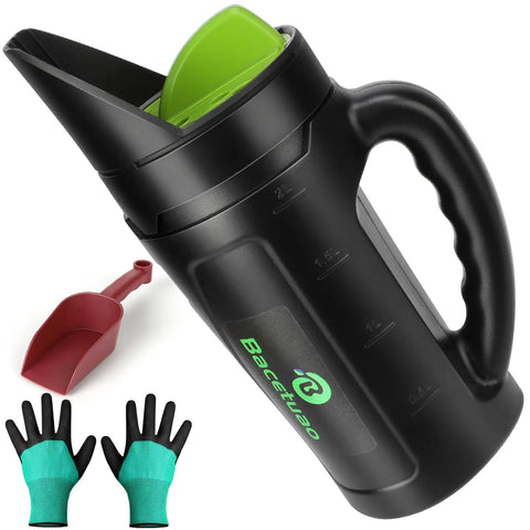 All Purpose Hand Spreader Shaker With Adjustable Opening Sizes And Flow Dial For Even Distribution Of Grass Seed Fertilizer Salt Ice Melt Up To 80 Oz Perfect For Lawn Care Gardening And Winter Driveway Maintenance showing black body, green top, red scoop, and green gloves