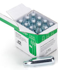Open box displaying 12 x 8 Gram And 12 Gram CO2 Cartridges For Paintball And Airsoft Pro Grade High Pressure CO2 Powerlets.