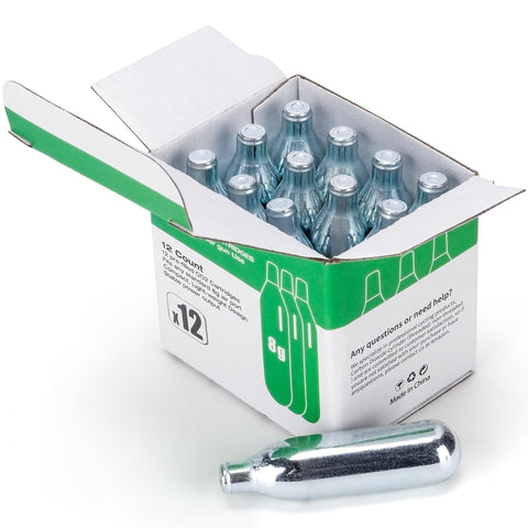 Open box displaying 12 x 8 Gram And 12 Gram CO2 Cartridges For Paintball And Airsoft Pro Grade High Pressure CO2 Powerlets.