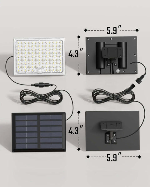 Solar Outdoor Motion Lights With 113 LEDs 7000K Cool White Flood, Dusk To Dawn Sensor, IP65 Waterproof, front and back view
