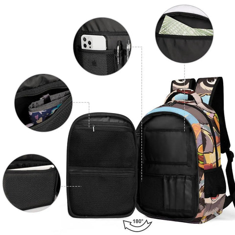 Burger Raccoon City Street Print Backpack for Men and Women, open view showing internal compartments and storage space