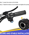 Full Twist Ebike Throttle 3 Pin Universal 12V 72V shown on handlebar with close-up of connection, secure installation