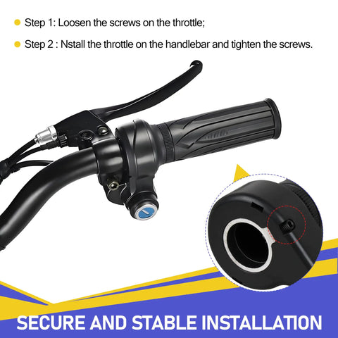 Full Twist Ebike Throttle 3 Pin Universal 12V 72V shown on handlebar with close-up of connection, secure installation