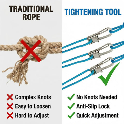 Comparison of traditional rope with Six Pack Rope With Roller Tensioner Set For Easy Secure Tying Pro Grade Heavy Duty Retractable Buckle Rope With Accessory Cord For Camping Boating Home Storage And Outdoor Use Silver Finish