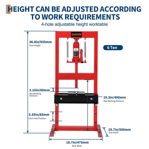 6 Ton Hydraulic H Frame Shop Floor Press For Auto Repair And Metalwork, Heavy Duty Beast, Garage Ready Beefy Build, Precise Alignment, Carbon Steel Construction, Powder Coated Finish, Industrial Grade Stability, height-adjustable 6-ton press with dimensions