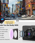 Dual Front And Rear Dash Cam For Cars With 1080P Resolution, 32GB Card Included showing WDR technology on city street